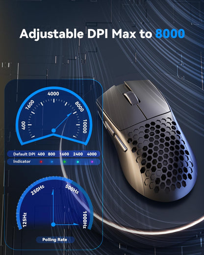 M725 Honeycomb Shell Gaming Mouse Wireless, Ultra Lightweight 49G, 8000 DPI Tri-Mode Bt5.1/2.4Ghz/Type-C Wired Gamer Mouse with 2 Side Buttons, Macro Programmable for Pc/Mac/Laptop, Black