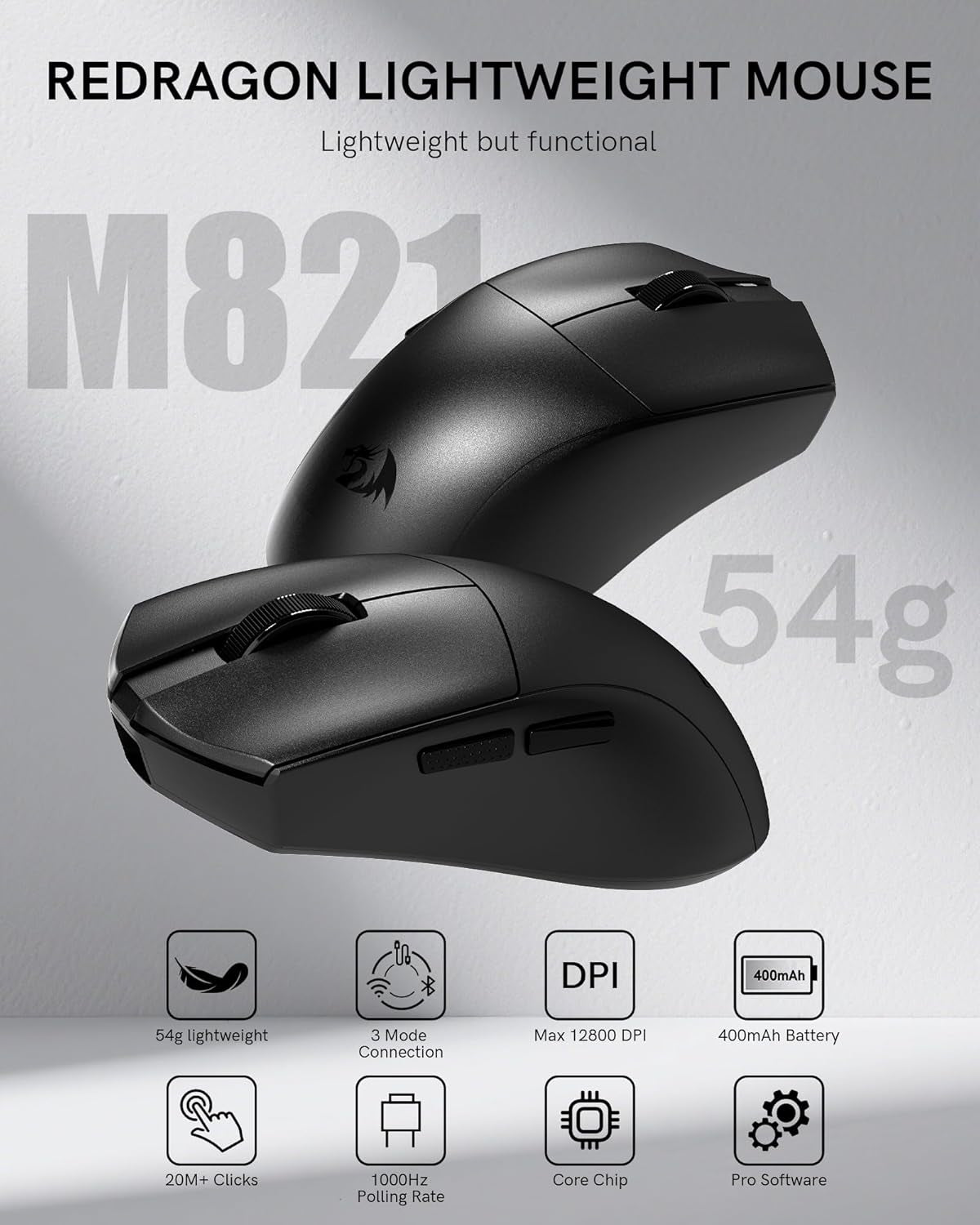 Wireless Gaming Mouse, 54G Lightweight, Tri-Mode 2.4G/USB C Wired/Bluetooth, Black PC Gaming Mice for Computer Laptop Mac Windows, Max 128000 DPI, 1K Polling, 6 Programmable Buttons, M821