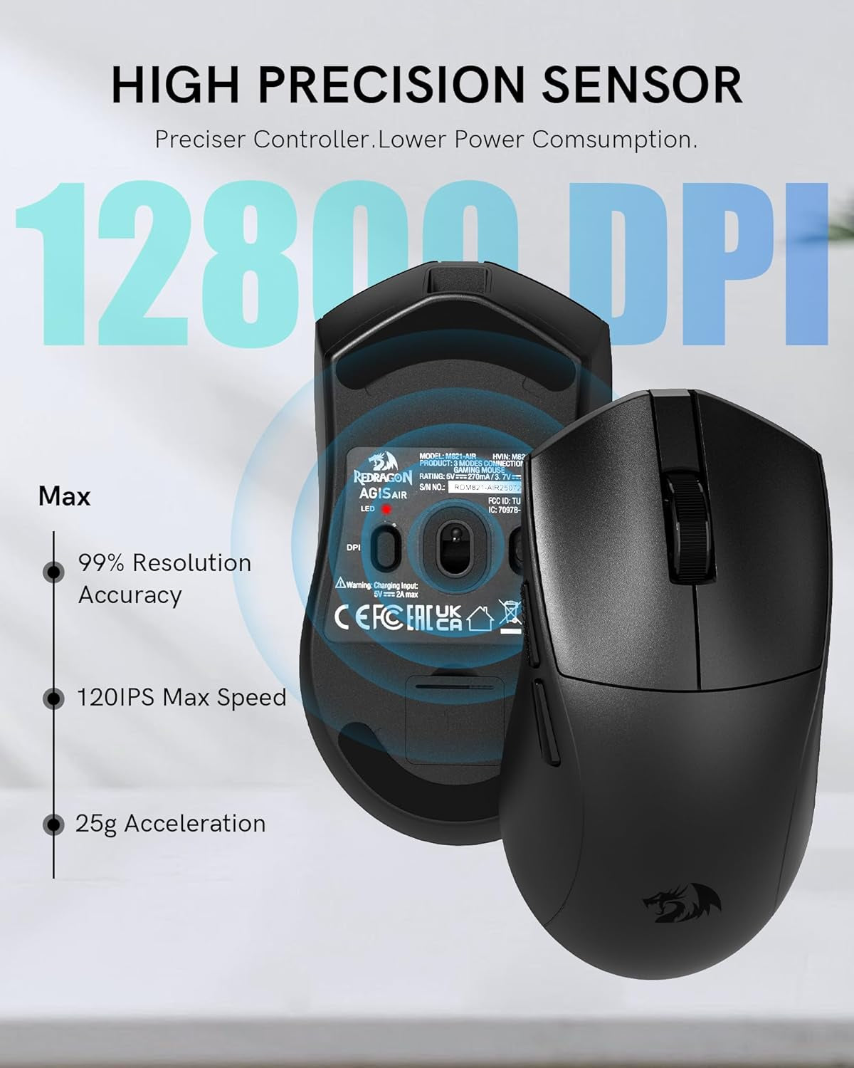 Wireless Gaming Mouse, 54G Lightweight, Tri-Mode 2.4G/USB C Wired/Bluetooth, Black PC Gaming Mice for Computer Laptop Mac Windows, Max 128000 DPI, 1K Polling, 6 Programmable Buttons, M821